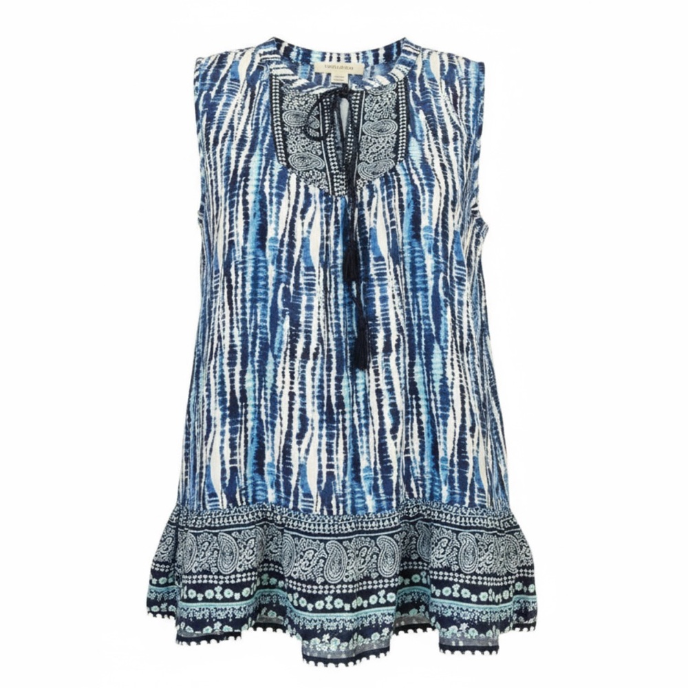 BeachLunchLounge Blue Sleeveless Ruffle Hem Tie Dye Abstract Tank Top Bl…